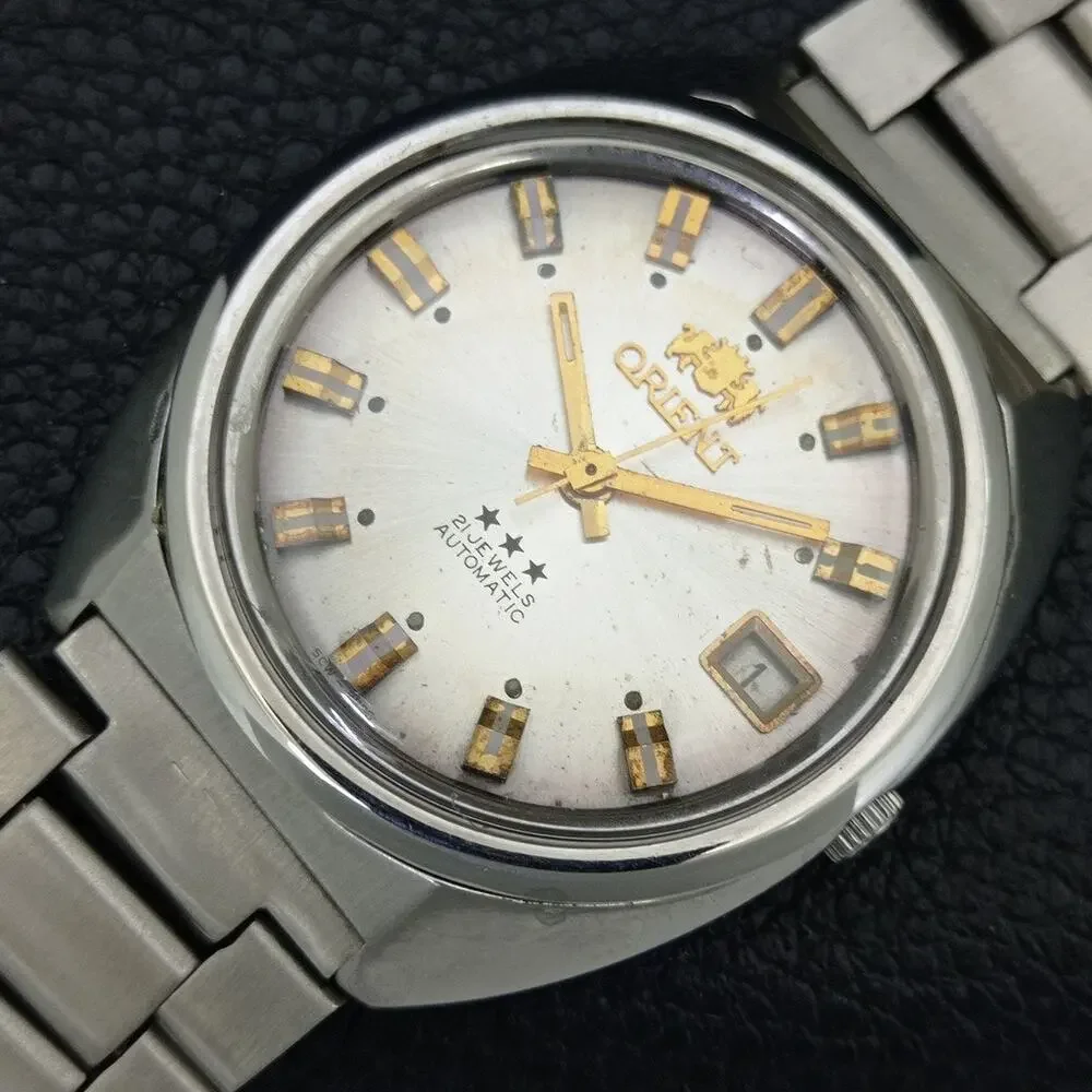 Vintage 1982 Orient Automatic Mens Silver Watch W/daydate & Patina accents